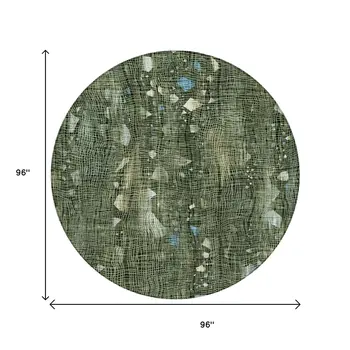8' Fern Green And Beige Round Abstract Washable Indoor Outdoor Area Rug