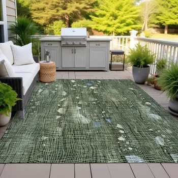8' X 10' Fern Green And Beige Abstract Washable Indoor Outdoor Area Rug