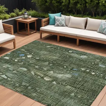 10' X 14' Fern Green And Beige Abstract Washable Indoor Outdoor Area Rug