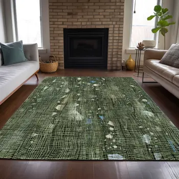 10' X 14' Fern Green And Beige Abstract Washable Indoor Outdoor Area Rug