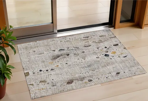 3' X 5' Linen And Gold Abstract Washable Indoor Outdoor Area Rug