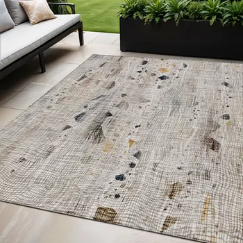 5' X 8' Linen And Gold Abstract Washable Indoor Outdoor Area Rug