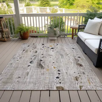 5' X 8' Linen And Gold Abstract Washable Indoor Outdoor Area Rug