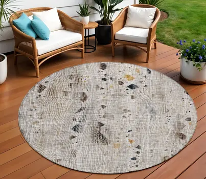 8' Linen And Gold Round Abstract Washable Indoor Outdoor Area Rug