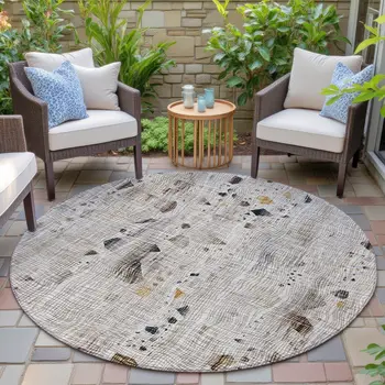 8' Linen And Gold Round Abstract Washable Indoor Outdoor Area Rug