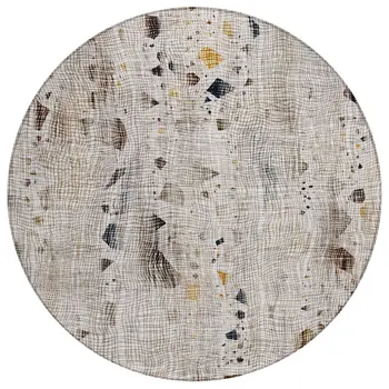 8' Linen And Gold Round Abstract Washable Indoor Outdoor Area Rug