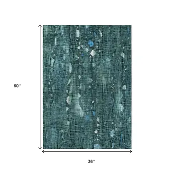 3' X 5' Teal Blue And Ivory Abstract Washable Indoor Outdoor Area Rug