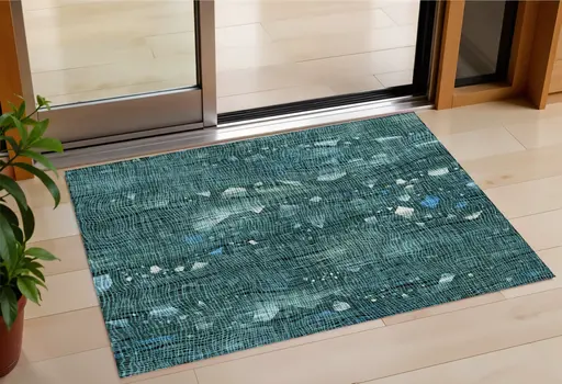 3' X 5' Teal Blue And Ivory Abstract Washable Indoor Outdoor Area Rug
