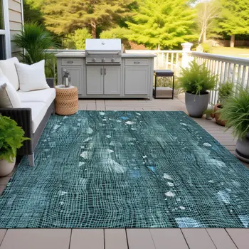 3' X 5' Teal Blue And Ivory Abstract Washable Indoor Outdoor Area Rug