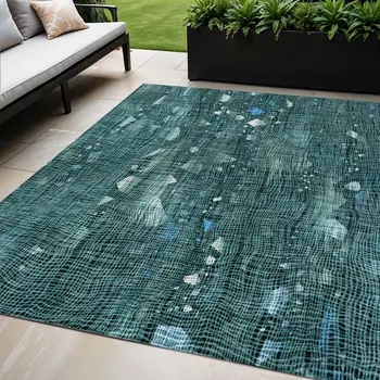 5' X 8' Teal Blue And Ivory Abstract Washable Indoor Outdoor Area Rug