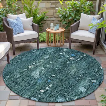 8' Teal Blue And Ivory Round Abstract Washable Indoor Outdoor Area Rug