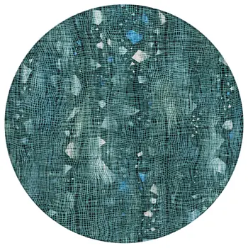 8' Teal Blue And Ivory Round Abstract Washable Indoor Outdoor Area Rug