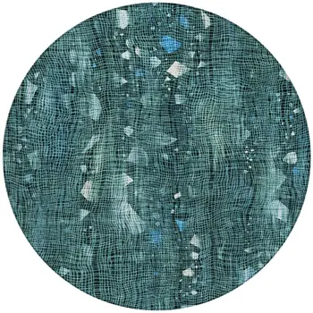 8' Teal Blue And Ivory Round Abstract Washable Indoor Outdoor Area Rug