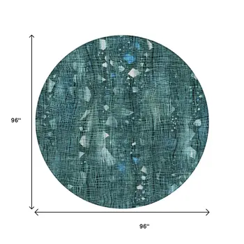 8' Teal Blue And Ivory Round Abstract Washable Indoor Outdoor Area Rug