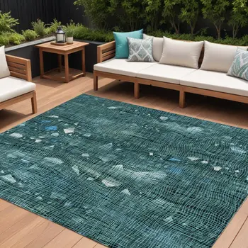 9' X 12' Teal Blue And Ivory Abstract Washable Indoor Outdoor Area Rug