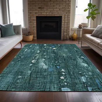 10' X 14' Teal Blue And Ivory Abstract Washable Indoor Outdoor Area Rug