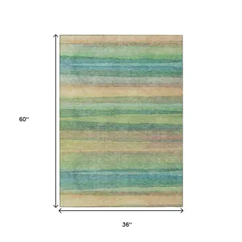 3' X 5' Artichoke Green Peach And Teal Blue Striped Washable Indoor Outdoor Area Rug