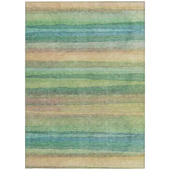 3' X 5' Artichoke Green Peach And Teal Blue Striped Washable Indoor Outdoor Area Rug