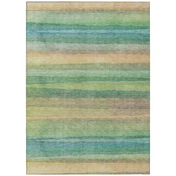 3' X 5' Artichoke Green Peach And Teal Blue Striped Washable Indoor Outdoor Area Rug