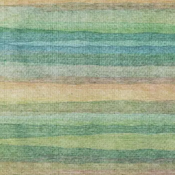 5' X 8' Artichoke Green Peach And Teal Blue Striped Washable Indoor Outdoor Area Rug