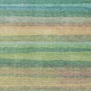 5' X 8' Artichoke Green Peach And Teal Blue Striped Washable Indoor Outdoor Area Rug