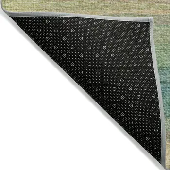 5' X 8' Artichoke Green Peach And Teal Blue Striped Washable Indoor Outdoor Area Rug