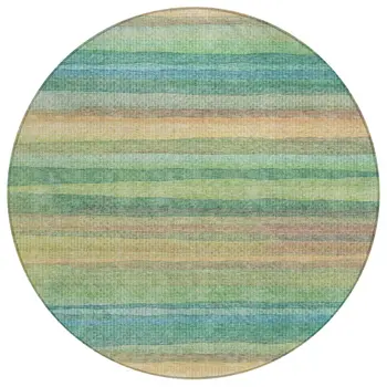 8' Artichoke Green Peach And Teal Blue Round Striped Washable Indoor Outdoor Area Rug