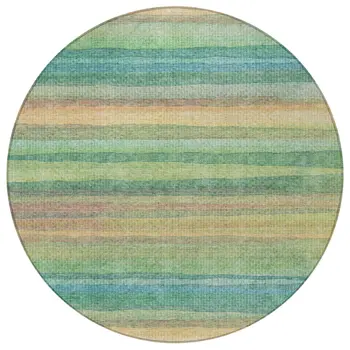 8' Artichoke Green Peach And Teal Blue Round Striped Washable Indoor Outdoor Area Rug
