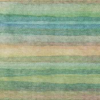 8' X 10' Artichoke Green Peach And Teal Blue Striped Washable Indoor Outdoor Area Rug