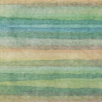8' X 10' Artichoke Green Peach And Teal Blue Striped Washable Indoor Outdoor Area Rug