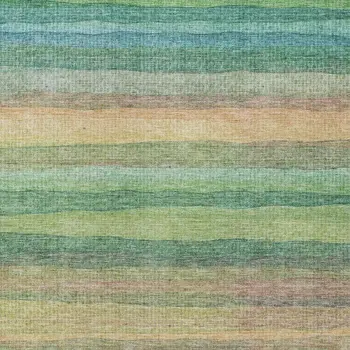 9' X 12' Artichoke Green Peach And Teal Blue Striped Washable Indoor Outdoor Area Rug