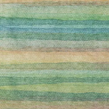 9' X 12' Artichoke Green Peach And Teal Blue Striped Washable Indoor Outdoor Area Rug