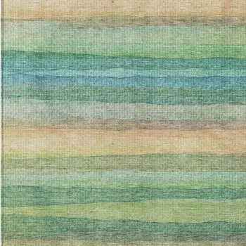 9' X 12' Artichoke Green Peach And Teal Blue Striped Washable Indoor Outdoor Area Rug