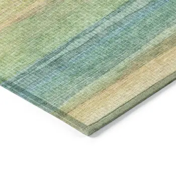 9' X 12' Artichoke Green Peach And Teal Blue Striped Washable Indoor Outdoor Area Rug