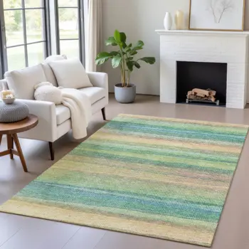 9' X 12' Artichoke Green Peach And Teal Blue Striped Washable Indoor Outdoor Area Rug
