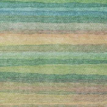 10' X 14' Artichoke Green Peach And Teal Blue Striped Washable Indoor Outdoor Area Rug