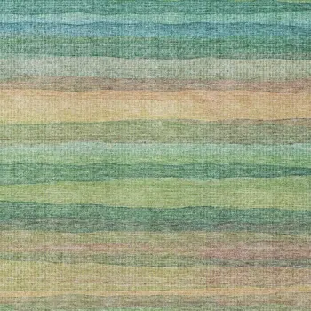 10' X 14' Artichoke Green Peach And Teal Blue Striped Washable Indoor Outdoor Area Rug