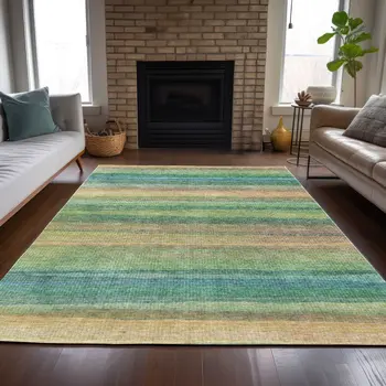 10' X 14' Artichoke Green Peach And Teal Blue Striped Washable Indoor Outdoor Area Rug