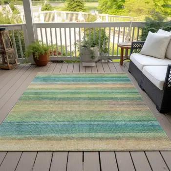 10' X 14' Artichoke Green Peach And Teal Blue Striped Washable Indoor Outdoor Area Rug