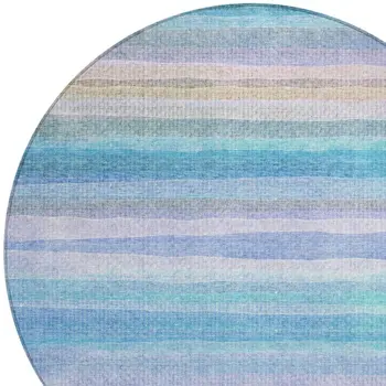 8' Aqua Lavender And Peach Round Striped Washable Indoor Outdoor Area Rug