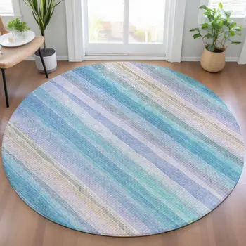 8' Aqua Lavender And Peach Round Striped Washable Indoor Outdoor Area Rug