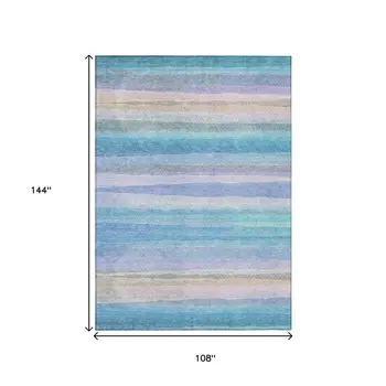 9' X 12' Aqua Lavender And Peach Striped Washable Indoor Outdoor Area Rug