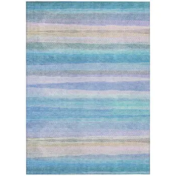 9' X 12' Aqua Lavender And Peach Striped Washable Indoor Outdoor Area Rug