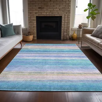 10' X 14' Aqua Lavender And Peach Striped Washable Indoor Outdoor Area Rug