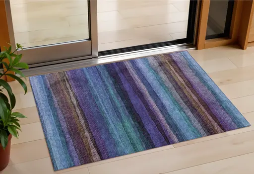 3' X 5' Blue Purple And Taupe Striped Washable Indoor Outdoor Area Rug