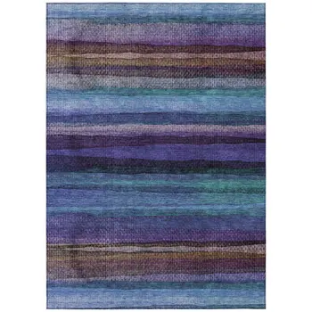 5' X 8' Blue Purple And Taupe Striped Washable Indoor Outdoor Area Rug