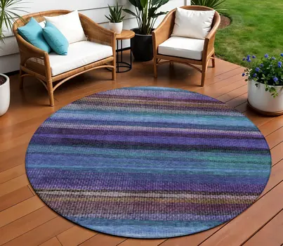 8' Blue Purple And Taupe Round Striped Washable Indoor Outdoor Area Rug