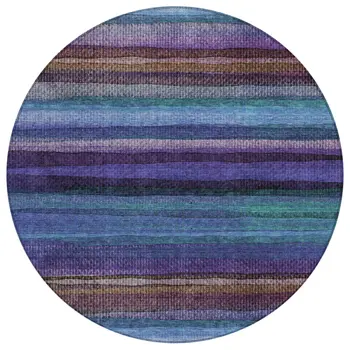 8' Blue Purple And Taupe Round Striped Washable Indoor Outdoor Area Rug