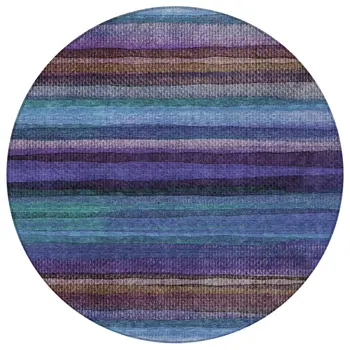 8' Blue Purple And Taupe Round Striped Washable Indoor Outdoor Area Rug