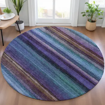 8' Blue Purple And Taupe Round Striped Washable Indoor Outdoor Area Rug